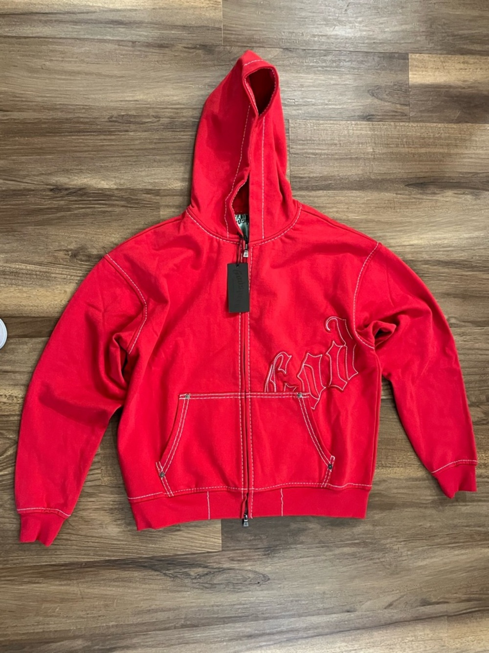 Godspeed Red Zip-Up Hoodie with Contrast Stitching Small fits Medium.